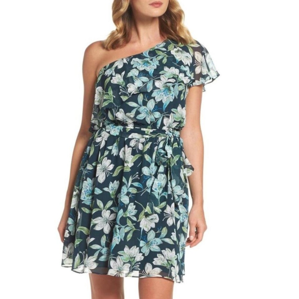 Floral One-Shoulder Ruffle Dress – Green & White – Size 10